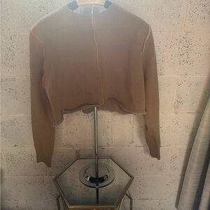 Tan Cropped Sweater with Colorful Stitching